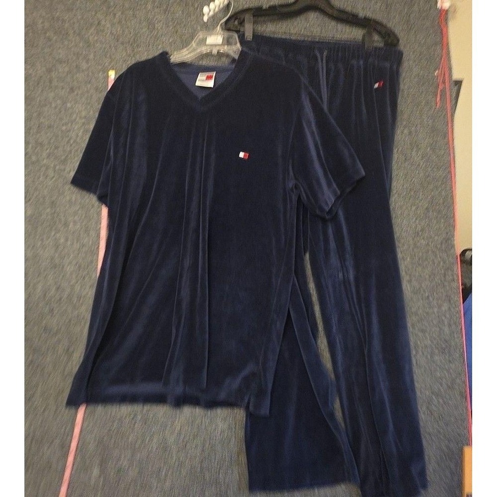 Tommy Hilfiger Pajama Set Mens Large Blue Velour V Neck Drawstring 2 Piece